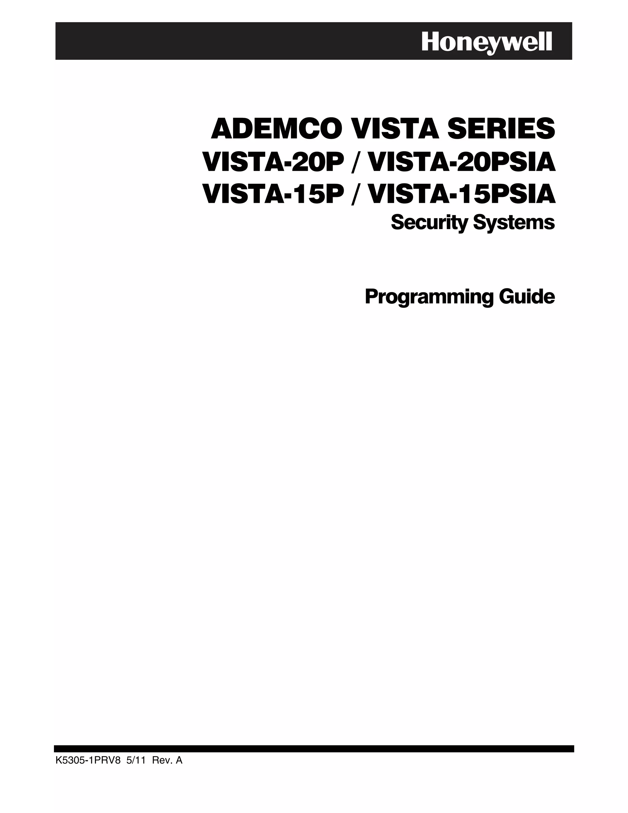 Honeywell Vista 15P Honeywell Vista 20P Programming Guide PDF