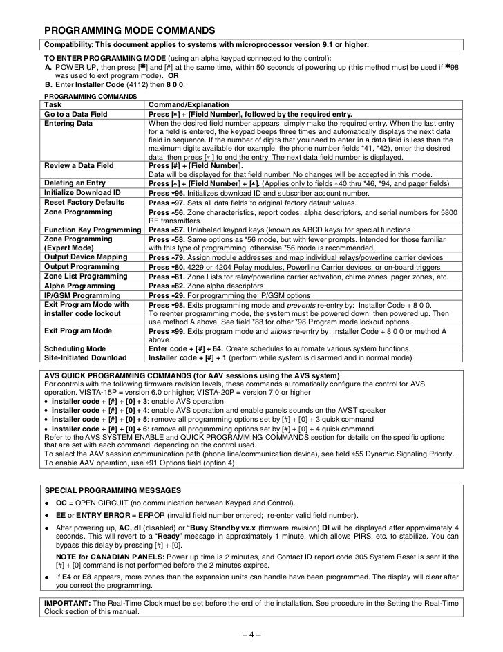 Honeywell Vista 15P Honeywell Vista 20P Programming Guide