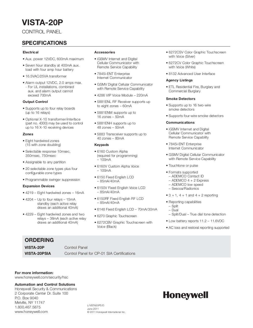 Honeywell vista20pdatasheet