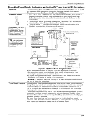 Programming Overview

Phone Line/Phone Module, Audio Alarm Verification (AAV), and Internet (IP) Connections
Phone Line                      Connect incoming phone line and handset wiring to the main terminal block (via an RJ31X
                                jack) as shown in the Summary of Connections diagram at the back of this manual.
                                Wire colors represent the colors of the cable to the RJ31X jack.
4286 Phone Module               1. Make 12V (+) and (–) and data in and data out connections from the phone module to
                                   the control, using the connector cable supplied with the phone module, then insert
                                   the keyed connector at the other end of the connector cable into the header on the
                                   phone module.
                                2. Connect Phone Module terminals as shown below. Use an RJ31X jack with a direct-
                                   connect cord and make all connections exactly as shown.
                                3. Caller ID Units: If a Caller ID unit is being used, connect the unit directly to the
                                   “Handset” terminals (21 & 22) on the control, as shown.
 Compatibility: 4286 Phone                                                                 INCOMING                                                    GROUND
 Modules must have                                                                HANDSET TELCO LINE




                                                                                  {
                                                                                  {
 software version WA4286-
                                                        TERMINALS
 15.1 or higher (refer to the                          ON CONTROL
                                                                                    21       22              23              24                  25           TO EARTH GROUND (COLD WATER PIPE, ETC.)
 label on the square 4286                                                                                                                                                  INCOMING TELCO LINE
                                               CALLER ID




                                                                                                    GREEN (TIP)


                                                                                                                        RED (RING)
 microprocessor chip).




                                                                                                                                                                    RING
                                                                                                                                                              TIP
                                                 UNIT                                                                                             DIRECT
                                                                                                                                                 CONNECT




                                                                                          (RING)
                                                                                                                                                   CORD




                                                                                  (TIP)
                                        IMPORTANT NOTE FOR                                                                                                                 TIP
                                        EXISTING INSTALLATIONS:                                                                                                 RJ31X
                                                                                                                                                                           RING
                                                                                                                                                                JACK
 UL      The 4286 modules
                                        EXISTING WIRES
                                        CONNECTED TO THE
                                        "HANDSET" TERMINALS ON                                                                                                 CA38A                  PREMISES ANSWERING
                                                                                                                                                                 IN
 are UL Listed only for use             CONTROL MUST BE MOVED                                                                                      PLUG
                                                                                                                                                              CANADA
                                                                                                                                                                                      MACHINE AND PHONES
                                        FROM THERE TO TERMINALS
 on residential fire and UL             3 AND 4 ON THE 4286.
                                                                                                                                                                                         ANSWERING
 residential burglar alarm




                                                                                                                                     BROWN (T)
                                                                                                                                                                                          MACHINE




                                                                                                                  GREY (R)
 installations.
                                        4286 VIP MODULE
                                                                      12345 6 7



                                                                                                                                                                                                 *

                                          LOUDER

                                                                                                                                                                                                 *
                                          VOLUME
                                                      KEYED
                                                      HEADER                                                                                          * NOTE: IF THE TELEPHONE HAS BUILT-IN CALLER ID,
                                                                                                                                                             THE CALLER ID FUNCTION MAY NOT WORK .

                                     UNUSED
                                                                                                                                                                           4286 TERMINAL ASSIGNMENTS
                                                       YELLOW: TO DATA OUT (term. 7)               TO CONTROL
                                                                                                                                                                           1 - TIP
                                        CONNECTOR
                                                       NO CONNECTION
                                                       RED:    TO AUX (+) (term. 5)
                                                                                                   PANEL
                                                                                                   TERMINALS
                                                                                                                                                                                  }
                                                                                                                                                                           2 - RING
                                                                                                                                                                                      PHONE INPUT
                                                                                                                                                                           3 - TIP
                                                                                                                                                                                  }




                                                                                                                                                                                                           4286_cntrl-001-V1
                                        WITH FLYING    BLACK: TO AUX. GROUND (–) (term.4)          USED FOR                                                                           PHONE OUTPUT
                                                       GREEN: TO DATA IN (term. 6)                                                                                         4 - RING
                                              LEADS                                                KEYPAD
                                                                                                                                                                           5 - NO CONNECTION
                                                                                                   CONNECTIONS
                                                                                                                                                                           6-
                                                                                                                                                                           7- }   AUDIO OUT


                                                   Figure 16. 4286 Phone Module Wiring Connections
                                • Only one phone module can be used and it can only be connected to partition 1.
                                • The phone lines must be in service for the phone module to function, even when
                                  accessing the system from an on-premises phone.
                                • If you are also using an Audio Alarm Verification (AAV) unit, refer to Audio Alarm
                                  Verification (AAV) section for special wiring connections.
                                CAUTION: To reduce the risk of fire, use only No. 26 AWG or larger telecommunication
                                line cord for phone line connections.
Phone Module Problems           If no touch tones are produced following access to the security system from on-premises
                                (this problem may arise in rare cases), it may be necessary to reverse the wires connected
                                to terminals 3 and 4 on the phone module and the wires connected to terminals (21) &
                                (22) on the control. The wiring diagram shows the wiring connections that will provide
                                proper operation in most cases.
                                Connection to the incoming telco line via a RJ31X jack and direct-connect cord, as shown,
                                is essential, even if the system is not connected to a central station. The 4286 will not
                                function if this is not done and an error signal (fast busy signal) will occur when trying to
                                access the system via the phone.
                                The house phone lines (gray and brown wires) must be wired to the phone module
                                terminals; not to the control terminals. Otherwise, an error signal (fast busy signal) will
                                occur when trying to access the system from an on-premises phone.




                                                                                                                                                                                                                               2-13
 
