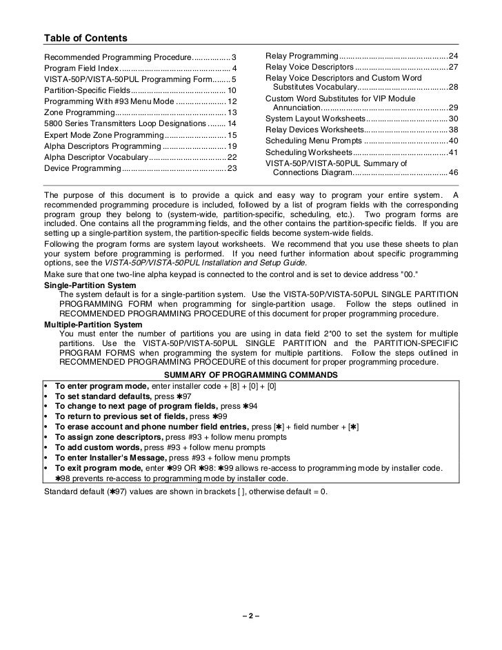 Ademco Vista 50 Programming Guide