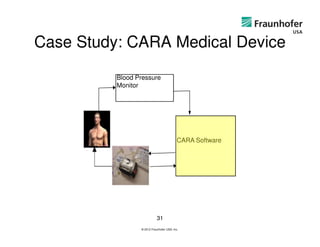 Case Study: CARA Medical Device

          Blood Pressure
          Monitor




                                           CARA Software




                            31
                 © 2012 Fraunhofer USA, Inc.
 