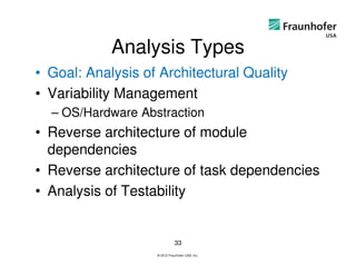 Analysis Types
• Goal: Analysis of Architectural Quality
• Variability Management
  – OS/Hardware Abstraction
• Reverse architecture of module
  dependencies
• Reverse architecture of task dependencies
• Analysis of Testability


                              33
                   © 2012 Fraunhofer USA, Inc.
 