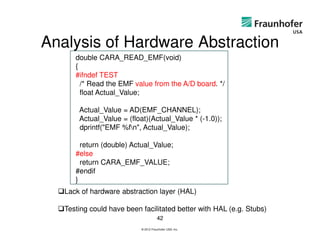 Analysis of Hardware Abstraction
      double CARA_READ_EMF(void)
      {
      #ifndef TEST
        /* Read the EMF value from the A/D board. */
        float Actual_Value;

       Actual_Value = AD(EMF_CHANNEL);
       Actual_Value = (float)(Actual_Value * (-1.0));
       dprintf("EMF %fn", Actual_Value);

        return (double) Actual_Value;
      #else
        return CARA_EMF_VALUE;
      #endif
      }
   Lack of hardware abstraction layer (HAL)

   Testing could have been facilitated better with HAL (e.g. Stubs)
                                      42
                           © 2012 Fraunhofer USA, Inc.
 