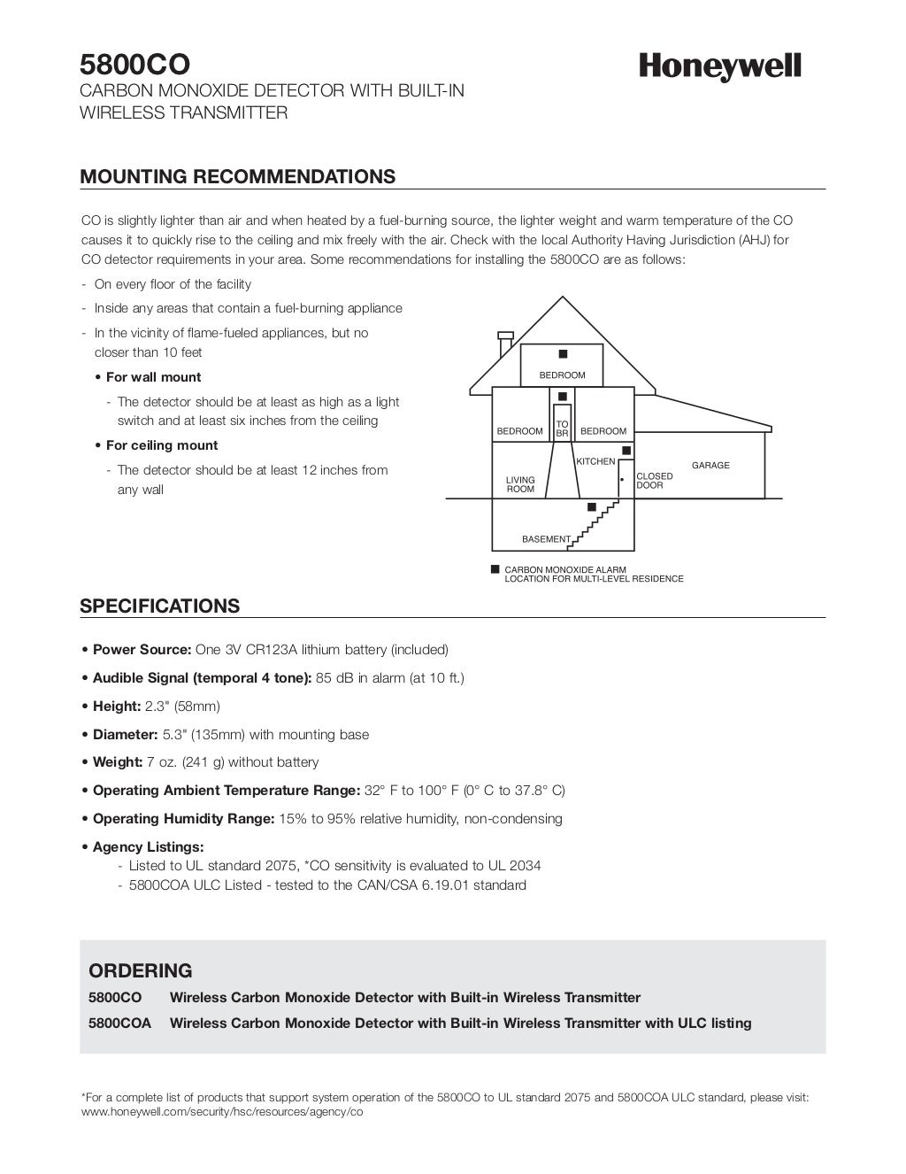 Honeywell 5800CO Data Sheet