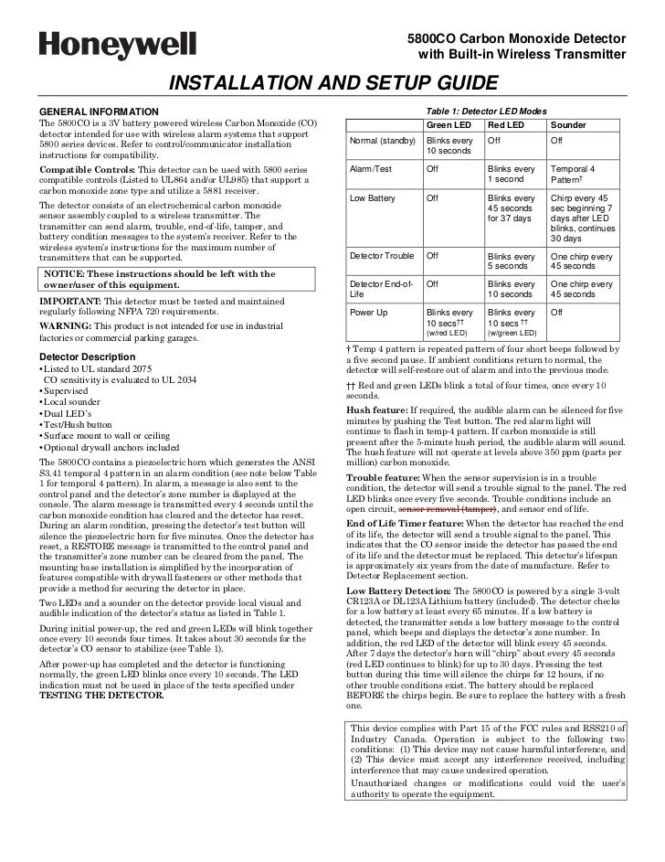 Honeywell 5800CO Install Guide