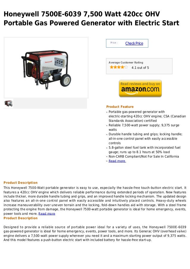 Honeywell 7500 e 6039 7,500 watt 420cc ohv portable gas powered