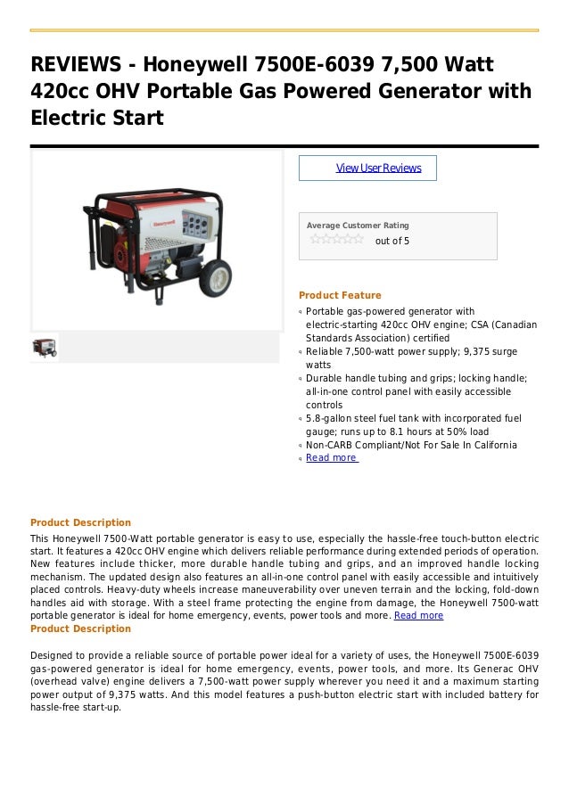 Honeywell 7500 e 6039 7,500 watt 420cc ohv portable gas powered gener…