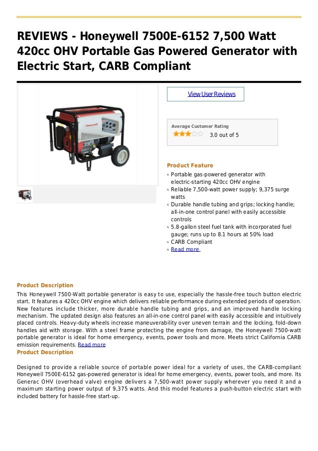 Honeywell 7500 e 6152 7,500 watt 420cc ohv portable gas powered