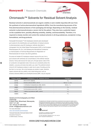 Honeywell Chromasolv™ GC-headspace solvents were developed
par ticularly for the identification and quantification of residual solvents
in pharmaceuticals using GC-headspace methods described in
monographs from the United States Pharmacopeia (USP) or the European
Pharmacopoeia (Ph. Eur.) and following the International Conference
on Harmonization of Technical Requirements for Registration of
Pharmaceuticals for Human Use (ICH) guidelines.
Accurate and reliable GC-headspace analysis requires the use of ver y
pure solvents with extremely low concentrations of the defined residual
solvents. Honey well ensures this high purit y through special, state-of-the-
ar t production and application tests, hence we can consistently deliver the
reliabilit y, accuracy and analy tical safet y you need. The preferred solvent
choice for GC headspace analysis is water due to ease of handling and the
fact that it is non-toxic. But not all samples are soluble in water, therefore
organic solvents with low volatilit y and a high boiling point, such as
dimethyl sulfoxide (DMSO) and dimethylformamide (DMF ) may be required.
Research Chemicals
Residual solvents in pharmaceuticals are organic volatile or semi-volatile impurities left over from
the synthesis of active pharmaceutical ingredients (APIs), from the manufacturing process of the
final pharmaceutical products or from packaging and storage. Depending on the toxicity, residual
solvents in pharmaceutical pose a severe risk for the patient. They also have a potential impact
on the crystalline form, possibly affecting solubility, stability, and bioavailability. Therefore, it is
required to closely monitor and control the residual solvents in all drug substances, excipients in drug
formulations, and drug products.
Chromasolv™ Solvents for Residual Solvent Analysis
Product Number CHROMASOLV™ GC Headspace Solvents Packaging
80708 Benzyl alcohol, ≥99.9% 1 L
51779 Dimethyl sulfoxide (DMSO), ≥99.9% 100 mL, 1 L, 2.5 L
67484 1,3-Dimethyl-2-imidazolidinone (DMI), ≥99.5% 100 mL, 1 L
44901 N,N-Dimethylacetamide (DMA), ≥99.9% 1 L
51781 N,N-Dimethylformamide (DMF), ≥99.9% 1 L
69337 1-Methyl-2-pyrrolidinone (NMP), ≥99.9% 1 L
53463 Water 1 L
Chromasolv is a trademark of Honeywell
Specialty Chemicals Seelze GmbH.
FLY-001-0035-ENG | September 2017 | RC 1916 A4
©2017 Honeywell International Inc.
For more information
www. lab-honeywell.com/chromasolv
Honeywell Specialty Chemicals Seelze GmbH
Wunstorfer Strasse 40
D-30926 Seelze, Germany
All statements and information provided herein are believed to be accurate and reliable, but are
presented without guarantee, warranty or responsibility of any kind, express or implied. Statements
or suggestions concerning possible use of our products are made without representation or warranty
that any such use is free of patent infringement, and are not recommendations to infringe any patent.
The user should not assume that all safety measures are indicated herein, or that other measures
may not be required. User assumes all liability for use of the information and results obtained.
1916 RC Chromasolv headspace Flyer A4-v2.indd 1 9/29/2017 11:22:14 AM
Greyhound Chromatography and Allied
Chemicals
6 Kelvin Park, Birkenhead, Merseyside,
Ch41 1LT, UK
Tel: +44 (0) 151 649 4000
Email: info@greyhoundchrom.com
WWW.GREYHOUNDCHROM.COM
 