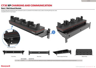 CT30 XP Configuration Guide | www.honeywellaidc.com | 21
GLOBAL
The Rack/Wall Mount Bracket has been optimized to work on a standard 19-inch (48cm) rack, as well as mounting directly onto a wall.
Compatible with all 4-bay chargers.
CT30 XP CHARGING AND COMMUNICATION
Rack / Wall Mount Bracket
Front View
PART NUMBER DESCRIPTION
1 CB-BK-01 4 Bay Charger Bracket, Rack / Wall Mount (includes 4 x 50180100-001 Thumb Screws M3.5x10 to securely attach the 4-bay dock to the bracket)
Rear View Power Supply Shelf View Bottom View
Thumb Screws View
1
 