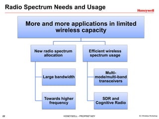 22 HONEYWELL - PROPRIETARY EC Wireless Workshop
Radio Spectrum Needs and Usage
More and more applications in limited
wireless capacity
New radio spectrum
allocation
Large bandwidth
Towards higher
frequency
Efficient wireless
spectrum usage
Multi-
mode/multi-band
transceivers
SDR and
Cognitive Radio
 