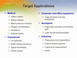Target Applications Medical Airflow meters Kidney dialysis Blood pressure monitors Oxygen concentrators Ventilators Artificial hearts Commercial Lie detectors Bottle testing machinery Digital barometers Check sorters Computer and office equipment Tape transport and loop positioning Aerospace Flight data recorders and landing gear Light aircraft instrumentation Industrial Pressure/current transmitters Plasma control systems Liquid level measurement HVAC 