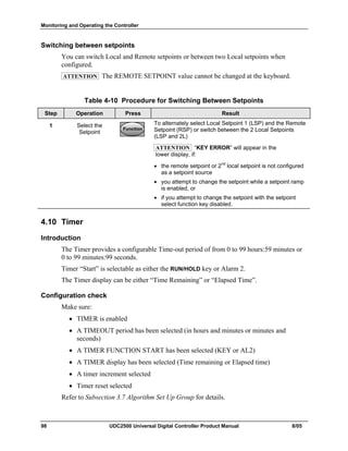 Monitoring and Operating the Controller
98 UDC2500 Universal Digital Controller Product Manual 8/05
Switching between setpoints
You can switch Local and Remote setpoints or between two Local setpoints when
configured.
ATTENTION The REMOTE SETPOINT value cannot be changed at the keyboard.
Table 4-10 Procedure for Switching Between Setpoints
Step Operation Press Result
1 Select the
Setpoint
FunctionFunctionFunction
To alternately select Local Setpoint 1 (LSP) and the Remote
Setpoint (RSP) or switch between the 2 Local Setpoints
(LSP and 2L)
ATTENTION “KEY ERROR” will appear in the
lower display, if:
• the remote setpoint or 2nd
local setpoint is not configured
as a setpoint source
• you attempt to change the setpoint while a setpoint ramp
is enabled, or
• if you attempt to change the setpoint with the setpoint
select function key disabled.
4.10 Timer
Introduction
The Timer provides a configurable Time-out period of from 0 to 99 hours:59 minutes or
0 to 99 minutes:99 seconds.
Timer “Start” is selectable as either the RUN/HOLD key or Alarm 2.
The Timer display can be either “Time Remaining” or “Elapsed Time”.
Configuration check
Make sure:
• TIMER is enabled
• A TIMEOUT period has been selected (in hours and minutes or minutes and
seconds)
• A TIMER FUNCTION START has been selected (KEY or AL2)
• A TIMER display has been selected (Time remaining or Elapsed time)
• A timer increment selected
• Timer reset selected
Refer to Subsection 3.7 Algorithm Set Up Group for details.
 