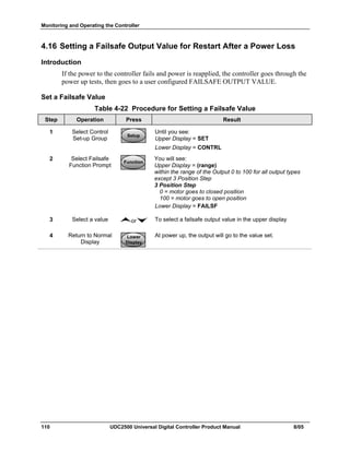 Monitoring and Operating the Controller
110 UDC2500 Universal Digital Controller Product Manual 8/05
4.16 Setting a Failsafe Output Value for Restart After a Power Loss
Introduction
If the power to the controller fails and power is reapplied, the controller goes through the
power up tests, then goes to a user configured FAILSAFE OUTPUT VALUE.
Set a Failsafe Value
Table 4-22 Procedure for Setting a Failsafe Value
Step Operation Press Result
1 Select Control
Set-up Group
SetupSetup
Until you see:
Upper Display = SET
Lower Display = CONTRL
2 Select Failsafe
Function Prompt
FunctionFunctionFunction
You will see:
Upper Display = (range)
within the range of the Output 0 to 100 for all output types
except 3 Position Step
3 Position Step
0 = motor goes to closed position
100 = motor goes to open position
Lower Display = FAILSF
3 Select a value or To select a failsafe output value in the upper display
4 Return to Normal
Display
Lower
Display
Lower
Display
Lower
Display
At power up, the output will go to the value set.
 