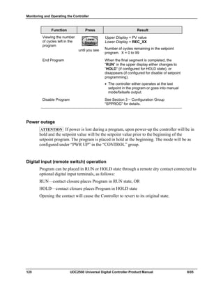 Monitoring and Operating the Controller
120 UDC2500 Universal Digital Controller Product Manual 8/05
Function Press Result
Viewing the number
of cycles left in the
program
Lower
Display
Lower
Display
Lower
Display
until you see
Upper Display = PV value
Lower Display = REC_XX
Number of cycles remaining in the setpoint
program. X = 0 to 99
End Program When the final segment is completed, the
“RUN” in the upper display either changes to
“HOLD” (if configured for HOLD state), or
disappears (if configured for disable of setpoint
programming).
• The controller either operates at the last
setpoint in the program or goes into manual
mode/failsafe output.
Disable Program See Section 3 – Configuration Group
“SPPROG” for details.
Power outage
ATTENTION If power is lost during a program, upon power-up the controller will be in
hold and the setpoint value will be the setpoint value prior to the beginning of the
setpoint program. The program is placed in hold at the beginning. The mode will be as
configured under “PWR UP” in the “CONTROL” group.
Digital input (remote switch) operation
Program can be placed in RUN or HOLD state through a remote dry contact connected to
optional digital input terminals, as follows:
RUN—contact closure places Program in RUN state, OR
HOLD—contact closure places Program in HOLD state
Opening the contact will cause the Controller to revert to its original state.
 