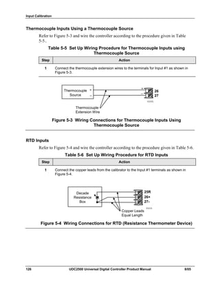 Input Calibration
126 UDC2500 Universal Digital Controller Product Manual 8/05
Thermocouple Inputs Using a Thermocouple Source
Refer to Figure 5-3 and wire the controller according to the procedure given in Table
5-5..
Table 5-5 Set Up Wiring Procedure for Thermocouple Inputs using
Thermocouple Source
Step Action
1 Connect the thermocouple extension wires to the terminals for Input #1 as shown in
Figure 5-3.
XXXX
Thermocouple
Source
Thermocouple
Extension Wire
+
_
26
27
+
_
Figure 5-3 Wiring Connections for Thermocouple Inputs Using
Thermocouple Source
RTD Inputs
Refer to Figure 5-4 and wire the controller according to the procedure given in Table 5-6.
Table 5-6 Set Up Wiring Procedure for RTD Inputs
Step Action
1 Connect the copper leads from the calibrator to the Input #1 terminals as shown in
Figure 5-4.
XXXX
Decade
Resistance
Box
25R
26+
27-
Copper Leads
Equal Length
Figure 5-4 Wiring Connections for RTD (Resistance Thermometer Device)
 