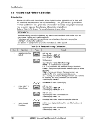 Input Calibration
134 UDC2500 Universal Digital Controller Product Manual 8/05
5.8 Restore Input Factory Calibration
Introduction
The factory calibration constants for all the input actuation types that can be used with
the controller are stored in its non-volatile memory. Thus, you can quickly restore the
“Factory Calibration” for a given input actuation type by simply changing the actuation
type to another type and then changing it back to the original type.
Refer to Table 5-14 Restore Factory Calibration for procedure
ATTENTION
A restored factory calibration overwrites any previous field calibration done for the input and
may change the High and Low Range Limits.
Protect your field calibration from accidental overwrites by configuring the appropriate
LOCKOUT selection after calibration.
See Section 3 - Configuration for specific instructions to set the lockout.
Table 5-14 Restore Factory Calibration
Step Operation Press Result
1 Set LOCKOUT to
NONE
SetupSetup
until you see:
Upper Display = SET UP
Lower Display = TUNING
FunctionFunctionFunction
Until you see:
Upper Display = one of the following:
NONE – all parameters are read/write
CAL – all parameters are read/write except Calibration
CONF – configuration parameters are Read Only; no writes
permitted
VIEW – Tuning and Setpoint Ramp parameters are
read/write. No other parameters can be viewed.
ALL – Tuning and Setpoint Ramp parameters are available
for read only. No other parameters can be viewed.
Lower Display = LOCK
or Until NONE is in the upper display
2 Enter INPUT 1
Setup Group
SetupSetup
until you see:
Upper Display = SET UP
Lower Display = INPUT 1 or 2
FunctionFunctionFunction
until you see:
Upper Display = the current selection
Lower Display = INxTYP
or to change the current selection to another selection
3 Scroll through
Functions
FunctionFunctionFunction
until the lower display rolls through the rest of the functions and
returns to:
Upper Display = the new selection
Lower Display = INxTYP
 
