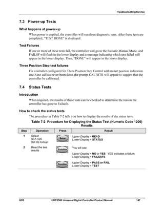 Troubleshooting/Service
8/05 UDC2500 Universal Digital Controller Product Manual 147
7.3 Power-up Tests
What happens at power-up
When power is applied, the controller will run three diagnostic tests. After these tests are
completed, “TEST DONE” is displayed.
Test Failures
If one or more of these tests fail, the controller will go to the Failsafe Manual Mode, and
FAILSF will flash in the lower display and a message indicating which test failed will
appear in the lower display. Then, “DONE” will appear in the lower display.
Three Position Step test failures
For controller configured for Three Position Step Control with motor position indication
and Auto-cal has never been done, the prompt CAL MTR will appear to suggest that the
controller be calibrated.
7.4 Status Tests
Introduction
When required, the results of these tests can be checked to determine the reason the
controller has gone to Failsafe.
How to check the status tests
The procedure in Table 7-2 tells you how to display the results of the status tests.
Table 7-2 Procedure for Displaying the Status Test (Numeric Code 1200)
Results
Step Operation Press Result
1 Select
STATUS
Set Up Group
SetupSetup
Upper Display = READ
Lower Display = STATUS
2 Read the test
results FunctionFunctionFunction
You will see:
Upper Display = NO or YES YES indicates a failure
Lower Display = FAILSAFE
FunctionFunctionFunction
Upper Display = PASS or FAIL
Lower Display = TEST
 