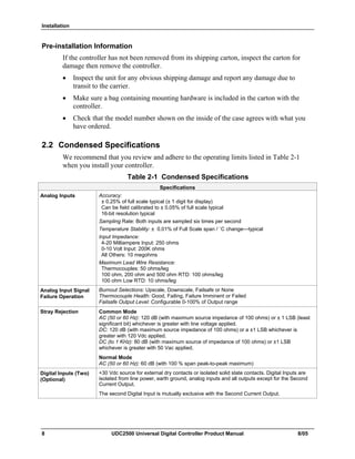 Installation
8 UDC2500 Universal Digital Controller Product Manual 8/05
Pre-installation Information
If the controller has not been removed from its shipping carton, inspect the carton for
damage then remove the controller.
• Inspect the unit for any obvious shipping damage and report any damage due to
transit to the carrier.
• Make sure a bag containing mounting hardware is included in the carton with the
controller.
• Check that the model number shown on the inside of the case agrees with what you
have ordered.
2.2 Condensed Specifications
We recommend that you review and adhere to the operating limits listed in Table 2-1
when you install your controller.
Table 2-1 Condensed Specifications
Specifications
Analog Inputs Accuracy:
± 0.25% of full scale typical (± 1 digit for display)
Can be field calibrated to ± 0.05% of full scale typical
16-bit resolution typical
Sampling Rate: Both inputs are sampled six times per second
Temperature Stability: ± 0.01% of Full Scale span / ˚C change—typical
Input Impedance:
4-20 Milliampere Input: 250 ohms
0-10 Volt Input: 200K ohms
All Others: 10 megohms
Maximum Lead Wire Resistance:
Thermocouples: 50 ohms/leg
100 ohm, 200 ohm and 500 ohm RTD: 100 ohms/leg
100 ohm Low RTD: 10 ohms/leg
Analog Input Signal
Failure Operation
Burnout Selections: Upscale, Downscale, Failsafe or None
Thermocouple Health: Good, Failing, Failure Imminent or Failed
Failsafe Output Level: Configurable 0-100% of Output range
Stray Rejection Common Mode
AC (50 or 60 Hz): 120 dB (with maximum source impedance of 100 ohms) or ± 1 LSB (least
significant bit) whichever is greater with line voltage applied.
DC: 120 dB (with maximum source impedance of 100 ohms) or a ±1 LSB whichever is
greater with 120 Vdc applied.
DC (to 1 KHz): 80 dB (with maximum source of impedance of 100 ohms) or ±1 LSB
whichever is greater with 50 Vac applied.
Normal Mode
AC (50 or 60 Hz): 60 dB (with 100 % span peak-to-peak maximum)
Digital Inputs (Two)
(Optional)
+30 Vdc source for external dry contacts or isolated solid state contacts. Digital Inputs are
isolated from line power, earth ground, analog inputs and all outputs except for the Second
Current Output.
The second Digital Input is mutually exclusive with the Second Current Output.
 