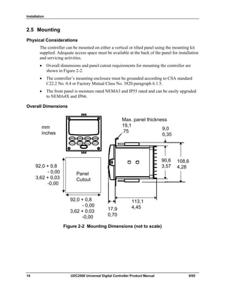 Installation
14 UDC2500 Universal Digital Controller Product Manual 8/05
2.5 Mounting
Physical Considerations
The controller can be mounted on either a vertical or tilted panel using the mounting kit
supplied. Adequate access space must be available at the back of the panel for installation
and servicing activities.
• Overall dimensions and panel cutout requirements for mounting the controller are
shown in Figure 2-2.
• The controller’s mounting enclosure must be grounded according to CSA standard
C22.2 No. 0.4 or Factory Mutual Class No. 3820 paragraph 6.1.5.
• The front panel is moisture rated NEMA3 and IP55 rated and can be easily upgraded
to NEMA4X and IP66.
Overall Dimensions
Max. panel thickness
19,1
.75
Panel
Cutout
92,0 + 0,8
- 0,00
3,62 + 0,03
-0,00
92,0 + 0,8
- 0,00
3,62 + 0,03
-0,00
mm
inches
17,9
0,70
113,1
4,45
90,6
3,57
108,6
4,28
9,0
0,35
Figure 2-2 Mounting Dimensions (not to scale)
 