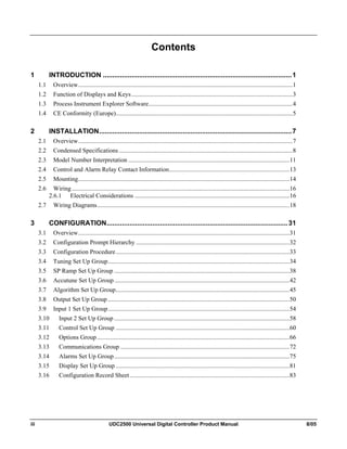 iii UDC2500 Universal Digital Controller Product Manual 8/05
Contents
1 INTRODUCTION ...................................................................................................1
1.1 Overview.........................................................................................................................................1
1.2 Function of Displays and Keys.......................................................................................................3
1.3 Process Instrument Explorer Software............................................................................................4
1.4 CE Conformity (Europe).................................................................................................................5
2 INSTALLATION.....................................................................................................7
2.1 Overview.........................................................................................................................................7
2.2 Condensed Specifications ...............................................................................................................8
2.3 Model Number Interpretation .......................................................................................................11
2.4 Control and Alarm Relay Contact Information.............................................................................13
2.5 Mounting.......................................................................................................................................14
2.6 Wiring ...........................................................................................................................................16
2.6.1 Electrical Considerations ...................................................................................................16
2.7 Wiring Diagrams...........................................................................................................................18
3 CONFIGURATION...............................................................................................31
3.1 Overview.......................................................................................................................................31
3.2 Configuration Prompt Hierarchy ..................................................................................................32
3.3 Configuration Procedure...............................................................................................................33
3.4 Tuning Set Up Group....................................................................................................................34
3.5 SP Ramp Set Up Group ................................................................................................................38
3.6 Accutune Set Up Group................................................................................................................42
3.7 Algorithm Set Up Group...............................................................................................................45
3.8 Output Set Up Group ....................................................................................................................50
3.9 Input 1 Set Up Group....................................................................................................................54
3.10 Input 2 Set Up Group ................................................................................................................58
3.11 Control Set Up Group ...............................................................................................................60
3.12 Options Group...........................................................................................................................66
3.13 Communications Group ............................................................................................................72
3.14 Alarms Set Up Group................................................................................................................75
3.15 Display Set Up Group ...............................................................................................................81
3.16 Configuration Record Sheet......................................................................................................83
 