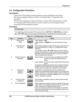 Configuration
8/05 UDC2500 Universal Digital Controller Product Manual 33
3.3 Configuration Procedure
Introduction
Each of the Set Up groups and their functions are pre-configured at the factory.
The factory settings are shown in Table 3-4 through Table 3-15 that follow this
procedure.
If you want to change any of these selections or values, follow the procedure in Table
3-3. This procedure tells you the keys to press to get to any Set Up group and any
associated Function parameter prompt.
Procedure
ATTENTION
The prompting scrolls at a rate of 2/3 seconds when the SET UP or FUNCTION key is held in.
Also, or keys will move group prompts forward or backward at a rate twice as fast.
Table 3-3 Configuration Procedure
Step Operation Press Result
1 Enter Set Up
Mode
SetupSetup
Upper Display = SET
Lower Display = TUNING (This is the first Set Up Group
title)
2 Select any Set
Up Group
SetupSetup
Sequentially displays the other Set Up group titles shown in
the prompt hierarchy in Table 3-2 Configuration Prompt
Hierarchy.
You can also use the or keys to scan the Set Up
groups in both directions. Stop at the Set Up group title that
describes the group of parameters you want to configure.
Then proceed to the next step.
3 Select a Function
Parameter
FunctionFunctionFunction
Upper Display = the current value or selection for the first
function prompt of the selected Set Up
group.
Lower Display = the first Function prompt within that Set Up
group.
Sequentially displays the other function prompts of the Set
Up group you have selected. Stop at the function prompt
that you want to change, then proceed to the next step.
4 Change the
Value or
Selection
or
Increments or decrements the value or selection that
appears for the selected function prompt. If you change the
value or selection of a parameter while in Set Up mode then
decide not to enter it, press M-A RESET once—the original
value or selection is recalled.
5 Enter the Value
or Selection
FunctionFunctionFunction
Enters value or selection made into memory after another
key is pressed.
6 Exit Configuration Lower
Display
Lower
Display
Lower
Display
Exits configuration mode and returns controller to the same
state it was in immediately preceding entry into the Set Up
mode. It stores any changes you have made.
If you do not press any keys for 30 seconds, the controller
times out and reverts to the mode and display used prior to
entry into Set Up mode.
 