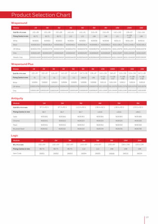 White
Off-White
Grey
Module 1M 2M 3M 4M 5M 6M 8M 10M 10MH 12M 16M 18M
Grid W x H in mm
Fixing Centre in mm
S26001 S26002 S26003 S26004 S26005 S26008S26006 S26110 S26110H S26012 S26016 S26018
S26001OFW S26002OFW S26003OFW S26004OFW S26005OFW S26008OFWS26006OFW S26110OFW S26110HOFW S26012OFW S26016OFW S26018OFW
S26001GRY S26002GRY S26003GRY S26004GRY S26005GRY S26008GRYS26006GRY S26110GRY S26110HGRY S26012GRY S26016GRY S26018GRY
102 x 87 102 x 87 116 x 87 142 x 87 143 x 87 238 x 87 143 x 156 248 x 87 219 x 156 247.2 x 95247.2 x 95 219 x 156
81 81 81 121 121 196
H-121
V-60
H-158
V-67
H-198
V-68
H-198
V-68
196.50
H-198
V-68
Wraparound
Module 1M 2M 3M 4M 5M 6M 8M 10M 10MH 16M
Grid W x H in mm 102 x 89 102 x 89 102 x 89 142 x 91 142 x 91 218 x 95 218 x 95 142 x 150 158 x 67 218 x 164
Fixing Centre in mm 80.75 80.75 80.75 122 122 198 198 121 198
White W26001 W26002 W26003 W26004 W26005 W26006 W26008 W26110 W26110H W26016
Black W26001BLK W26002BLK W26003BLK W26004BLK W26005BLK W26006BLK W26008BLK W26110BLK W26110HBLK W26016BLK
Off-White W26001OFW W26002OFW W26003OFW W26004OFW W26005OFW W26006OFW W26008OFW W26110OFW W26110HOFW W26016OFW
Grey W26001GRY W26002GRY W26003GRY W26004GRY W26005GRY W26006GRY W26008GRY W26110GRY W26110HGRY W26016GRY
W26002MGRY W26003MGRY W26004MGRY W26005MGRY W26006MGRY W26008MGRY W26110MGRY W26110HMGRYMetallic Grey W26016MGRYW26001MGRY
H-158
V-67
Wraparound Plus
Product Selection Chart
Module
Grid W x H in mm
Fixing Centre in mm
Gold
Chrome
Pearl
Brushed Steel
1M
97.3 x 82.5
80.7
W26361
W26321
W26341
W26331
2M
97.3 x 82.5
80.7
W26362
W26322
W26342
W26332
3M
112.5 x 82.5
80.7
W26363
W26323
W26343
W26333
4M
138.4 x 82.5
120.6
W26364
W26324
W26344
W26334
5M
138.4 x 82.5
120.6
W26365
W26325
W26345
W26335
8M
233.5 x 82.5
196.5
W26368
W26328
W26348
W26338
Antiquity
Item Code
Module
W x H in mm
26001
1M
102 x 87
80.75
26002
2M
102 x 87
80.75
26003
3M
102 x 87
80.75
26004
4M
143 x 87
122
26005
5M
143 x 87
122
26008
8M
220 x 87
198
26016
16M
226 x 156
198
26024
24M
225 x 226
198Fixing Centre in mm
Logic
13
 
