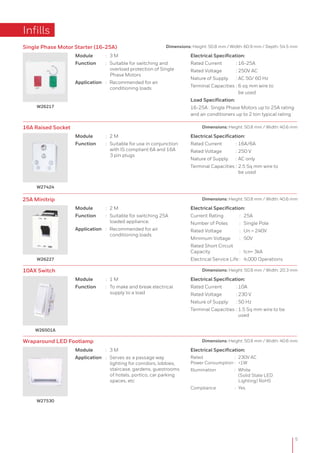 W27530
Module : 3 M
Application : Serves as a passage way
lighting for corridors, lobbies,
staircase, gardens, guestrooms
of hotels, portico, car parking
spaces, etc
Electrical Specification:
Rated : 230V AC
Power Consumption : <1W
Illumination : White
(Solid State LED
Lighting) RoHS
Compliance : Yes
Dimensions: Height: 50.8 mm / Width: 40.6 mmWraparound LED Footlamp
Infills
5
16A Raised Socket Dimensions: Height: 50.8 mm / Width: 40.6 mm
W27424
Module : 2 M
Function : Suitable for use in conjunction
with IS compliant 6A and 16A
3 pin plugs
Electrical Specification:
Rated Current : 16A/6A
Rated Voltage : 250 V
Nature of Supply : AC only
Terminal Capacities : 2.5 Sq mm wire to
be used
Module : 3 M
Function : Suitable for switching and
overload protection of Single
Phase Motors
Application : Recommended for air
conditioning loads
Electrical Specification:
Rated Current : 16-25A
Rated Voltage : 250V AC
Nature of Supply : AC 50/ 60 Hz
Terminal Capacities : 6 sq mm wire to
be used
Load Specification:
16-25A : Single Phase Motors up to 25A rating
and air conditioners up to 2 ton typical rating
W26217
Single Phase Motor Starter (16-25A) Dimensions: Height: 50.8 mm / Width: 60.9 mm / Depth: 54.5 mm
25A Minitrip Dimensions: Height: 50.8 mm / Width: 40.6 mm
Module : 2 M
Function : Suitable for switching 25A
loaded appliance.
Application : Recommended for air
conditioning loads
Electrical Specification:
Current Rating : 25A
Number of Poles : Single Pole
Rated Voltage : Un = 240V
Minimum Voltage : 50V
Rated Short Circuit
Capacity : Icn= 3kA
Electrical Service Life : 4,000 OperationsW26227
Dimensions: Height: 50.8 mm / Width: 20.3 mm
W26501A
Module : 1 M
Function : To make and break electrical
supply to a load
Electrical Specification:
Rated Current : 10A
Rated Voltage : 230 V
Nature of Supply : 50 Hz
Terminal Capacities : 1.5 Sq mm wire to be
used
10AX Switch
 