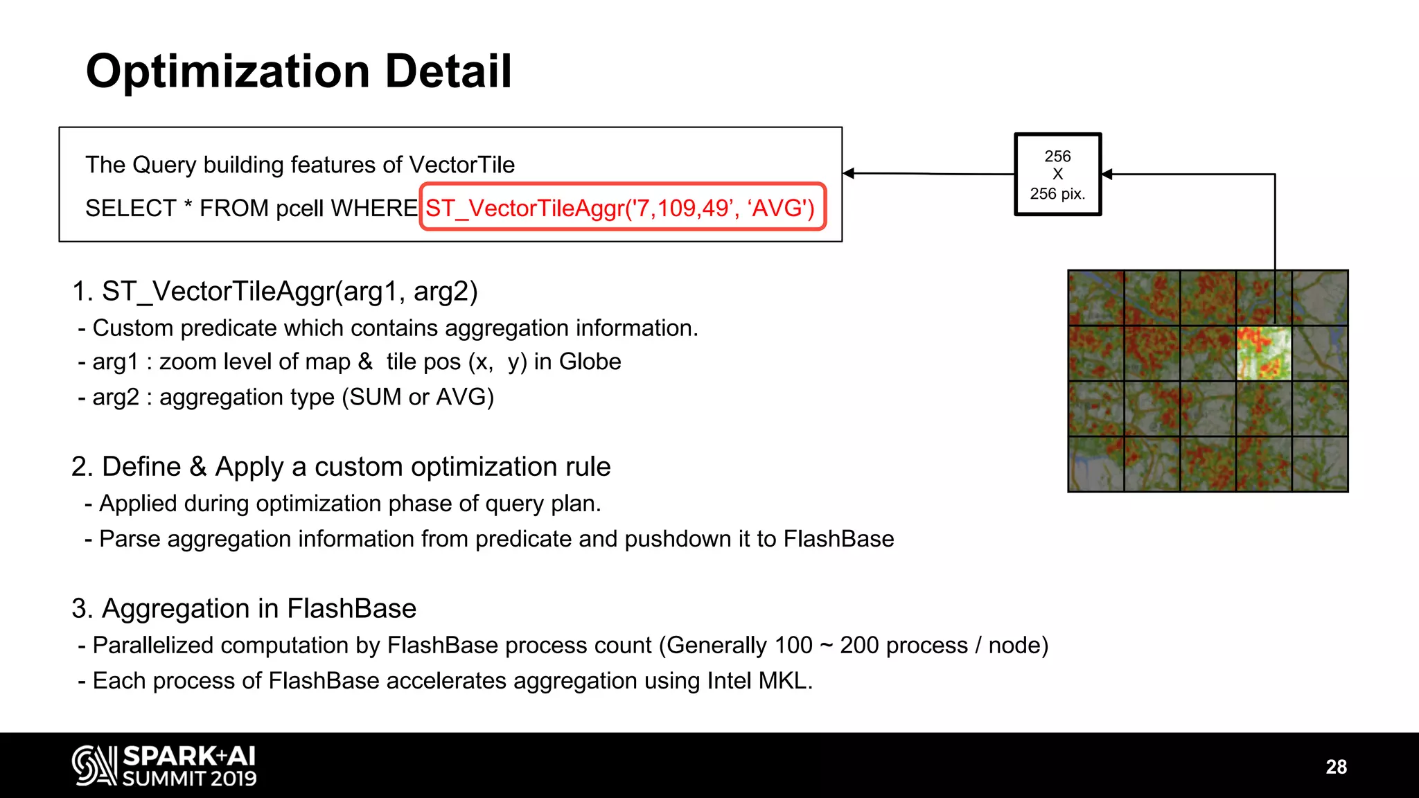 Optimization Detail 28 The Query building features of VectorTile SELECT * FROM pcell WHERE ST_VectorTileAggr('7,109,49’, ‘AVG') 1. ST_VectorTileAggr(arg1, arg2) - Custom predicate which contains aggregation information. - arg1 : zoom level of map & tile pos (x, y) in Globe - arg2 : aggregation type (SUM or AVG) 2. Define & Apply a custom optimization rule - Applied during optimization phase of query plan. - Parse aggregation information from predicate and pushdown it to FlashBase 3. Aggregation in FlashBase - Parallelized computation by FlashBase process count (Generally 100 ~ 200 process / node) - Each process of FlashBase accelerates aggregation using Intel MKL. 256 X 256 pix. 
