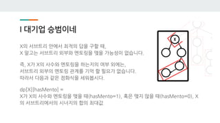 I 대기업 승범이네
X의 서브트리 안에서 최적의 답을 구할 때,
X 말고는 서브트리 외부와 멘토링을 맺을 가능성이 없습니다.
즉, X가 X의 사수와 멘토링을 하는지의 여부 외에는,
서브트리 외부의 멘토링 관계를 기억 할 필요가 없습니다.
따라서 다음과 같은 점화식을 세워봅시다.
dp[X][hasMento] =
X가 X의 사수와 멘토링을 맺을 때(hasMento=1), 혹은 맺지 않을 때(hasMento=0), X
의 서브트리에서의 시너지의 합의 최대값
 