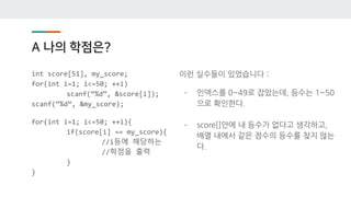 A 나의 학점은?
int score[51], my_score;
for(int i=1; i<=50; ++i)
scanf(“%d”, &score[i]);
scanf(“%d”, &my_score);
for(int i=1; i<=50; ++i){
if(score[i] == my_score){
//i등에 해당하는
//학점을 출력
}
}
이런 실수들이 있었습니다 :
- 인덱스를 0~49로 잡았는데, 등수는 1~50
으로 확인한다.
- score[]안에 내 등수가 없다고 생각하고,
배열 내에서 같은 점수의 등수를 찾지 않는
다.
 