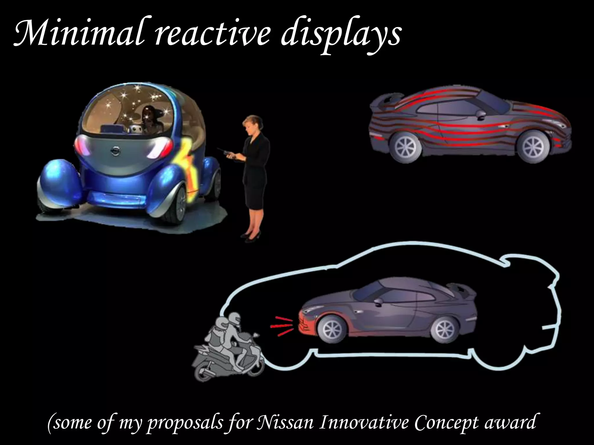 (some of my proposals for Nissan Innovative Concept award
Minimal reactive displays
 
