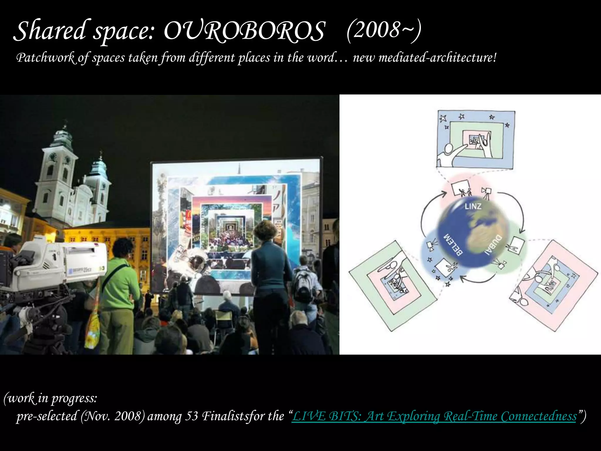 Shared space: OUROBOROS
(work in progress:
pre-selected (Nov. 2008) among 53 Finalistsfor the “LIVE BITS: Art Exploring Real-Time Connectedness”)
(2008~)
Patchwork of spaces taken from different places in the word… new mediated-architecture!
 