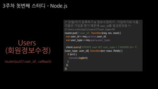 3주차 첫번째 스터디 ­ Node.js
Users
(회원정보수정)
router/put(‘/:user_id’, callback)
/*	모델/작가 등록하기 &	정보수정하기 - 가입하기와 다름.	
이들은 가입을 했기 때문에 user_id를 발급받았음 */
//	moca.com/api/1/users/2?user_type=M
router.put('/:user_id',	 function(req,	res,	next)	{
var user_id =	req.params.user_id;
var user_type =	req.query.user_type;
client.query('UPDATE	user	SET	user_type =	?	WHERE	id	=	?',	
[user_type,	user_id],	function(err,	rows,	fields)	{
if	(err)	{
console.log(err);
}
});
});
 