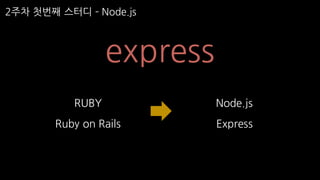 2주차 첫번째 스터디 ­ Node.js
express
RUBY
Ruby on Rails
Node.js
Express
 