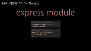 2주차 첫번째 스터디 ­ Node.js
express module
//	Routing	for	the	home	tab
app.get('/',	function	(req,	res)	{
res.render('index');
});
//	Exporting	express	module
var express	=	require('express');
var app	=	express();
 