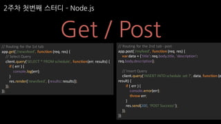 2주차 첫번째 스터디 ­ Node.js
Get / Post
//	Routing	for	the	1st	tab
app.get('/newsfeed',	function	(req,	res)	{
//	Select	Query
client.query('SELECT	*	FROM	schedule',	function(err,	results)	{
if	(	err	)	{
console.log(err);
}
res.render('newsfeed',	{results:	results});
});
});
//	Routing	for	the	2nd	tab	- post
app.post('/myfeed',	 function	(req,	res)	{
vardata	=	{'title':	req.body.title,	'description':	
req.body.description};
//	Insert	Query
client.query('INSERT	INTO	schedule	set	?',	data,	function	(e
result)	{
if	(	err	)	{
console.error(err);
throw	err;
}
res.send(200,	'POST	Success!');
});
});
 