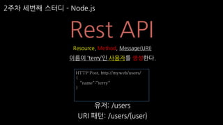 2주차 세번째 스터디 ­ Node.js
Rest API
Resource, Method, Message(URI)
이름이 ‘terry’인 사용자를 생성한다.
HTTP Post, http://myweb/users/
{
“name“:“terry“
}
유저: /users
URI 패턴: /users/{user}
 