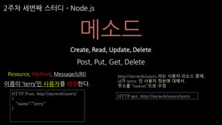 2주차 세번째 스터디 ­ Node.js
메소드
Post, Put, Get, Delete
Create,	Read,	Update,	Delete
Resource, Method, Message(URI)
이름이 ‘terry’인 사용자를 생성한다.
HTTP get, http://myweb/users/terry
http://myweb/users 라는 사용자 리소스 중에,
id가 terry 인 사용자 정보에 대해서,
주소를 “suwon”으로 수정
HTTP Post, http://myweb/users/
{
“name“:“terry“
}
 