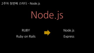 2주차 첫번째 스터디 ­ Node.js
Node.js
RUBY
Ruby on Rails
Node.js
Express
 