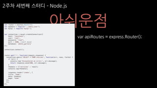 2주차 세번째 스터디 ­ Node.js
아쉬운점
var apiRoutes = express.Router();
 