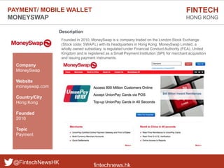 fintechnews.hk
FINTECH
HONG KONG
@FintechNewsHK
Description
Founded in 2010, MoneySwap is a company traded on the London S...