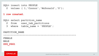 Copyright © 2015, Oracle and/or its affiliates. All rights reserved. | 144
SQL> insert into PEOPLE
2 values ( 1,'Connor','McDonald','U');
1 row created.
SQL> select partition_name
2 from user_tab_partitions
3 where table_name = 'PEOPLE';
PARTITION_NAME
-------------------------------------------------
FEMALE
MALE
SYS_P661
 