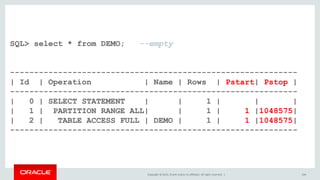 Copyright © 2015, Oracle and/or its affiliates. All rights reserved. | 234
SQL> select * from DEMO; --empty
------------------------------------------------------------
| Id | Operation | Name | Rows | Pstart| Pstop |
------------------------------------------------------------
| 0 | SELECT STATEMENT | | 1 | | |
| 1 | PARTITION RANGE ALL| | 1 | 1 |1048575|
| 2 | TABLE ACCESS FULL | DEMO | 1 | 1 |1048575|
------------------------------------------------------------
 