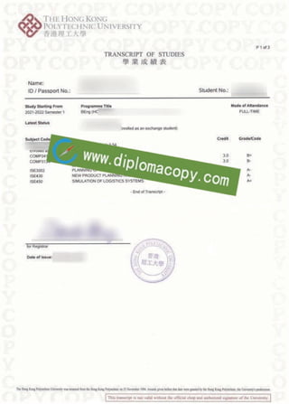 Hong Kong Polytechnic University transcript