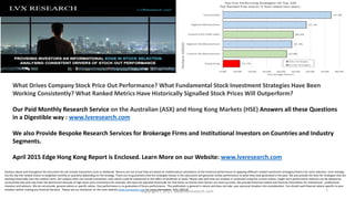 1copyright C 2015. www.lvxresearch.com
What Drives Company Stock Price Out Performance? What Fundamental Stock Investment Strategies Have Been
Working Consistently? What Ranked Metrics Have Historically Signalled Stock Prices Will Outperform?
Our Paid Monthly Research Service on the Australian (ASX) and Hong Kong Markets (HSE) Answers all these Questions
in a Digestible way : www.lvxresearch.com
We also Provide Bespoke Research Services for Brokerage Firms and Institutional Investors on Countries and Industry
Segments.
April 2015 Edge Hong Kong Report is Enclosed. Learn More on our Website: www.lvxresearch.com
Analysis above and throughout the document do not include transaction costs or dividends. Returns are not actual they are based on mathematical calculations of the historical performance of applying different ranked investment strategies/metrics for stock selection. Each strategy
has the top five ranked shares re-weighted monthly or quarterly depending on the strategy. There are no guarantees that the strategies shown in this document will generate similar performance to what they have generated in the past. We just provide the facts for strategies that are
working historically over the medium term. Our analysis does not include transaction costs which could be substantial or the effect of dividends or taxes. Please note with how our analysis is conducted using the current indices, longer term performance statistics can be skewed by
survivorship bias and may enter the benchmark because of high share price momentum for example. We have not adjusted historically for that factor so shorter term factors are more accurate. We provide historical market and financial information for institutional, professional
investors and advisors. We do not provide general advice or specific advice. Past performance is no guarantee of future performance. This publication is general in nature and does not take your personal situation into consideration. You should seek financial advice specific to your
situation before making any financial decision. Please see our disclaimer on the main website www.lvxresearch.com for more information. AFSL 338118.
LVXResearch.com
 
