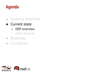 Agenda
● Savanna Overview
● Current state
○ EDP overview
○ other features

● Roadmap
● Live Demo

 