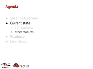 Agenda
● Savanna Overview
● Current state
○ EDP overview
○ other features

● Roadmap
● Live Demo

 