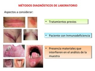 MÉTODOS DIAGNÓSTICOS DE LABORATORIO
Aspectos a considerar:
• Tratamientos previos• Tratamientos previos
• Paciente con Inmunodeficiencia• Paciente con Inmunodeficiencia
• Presencia materiales que
interfieren en el análisis de la
muestra
• Presencia materiales que
interfieren en el análisis de la
muestra
 